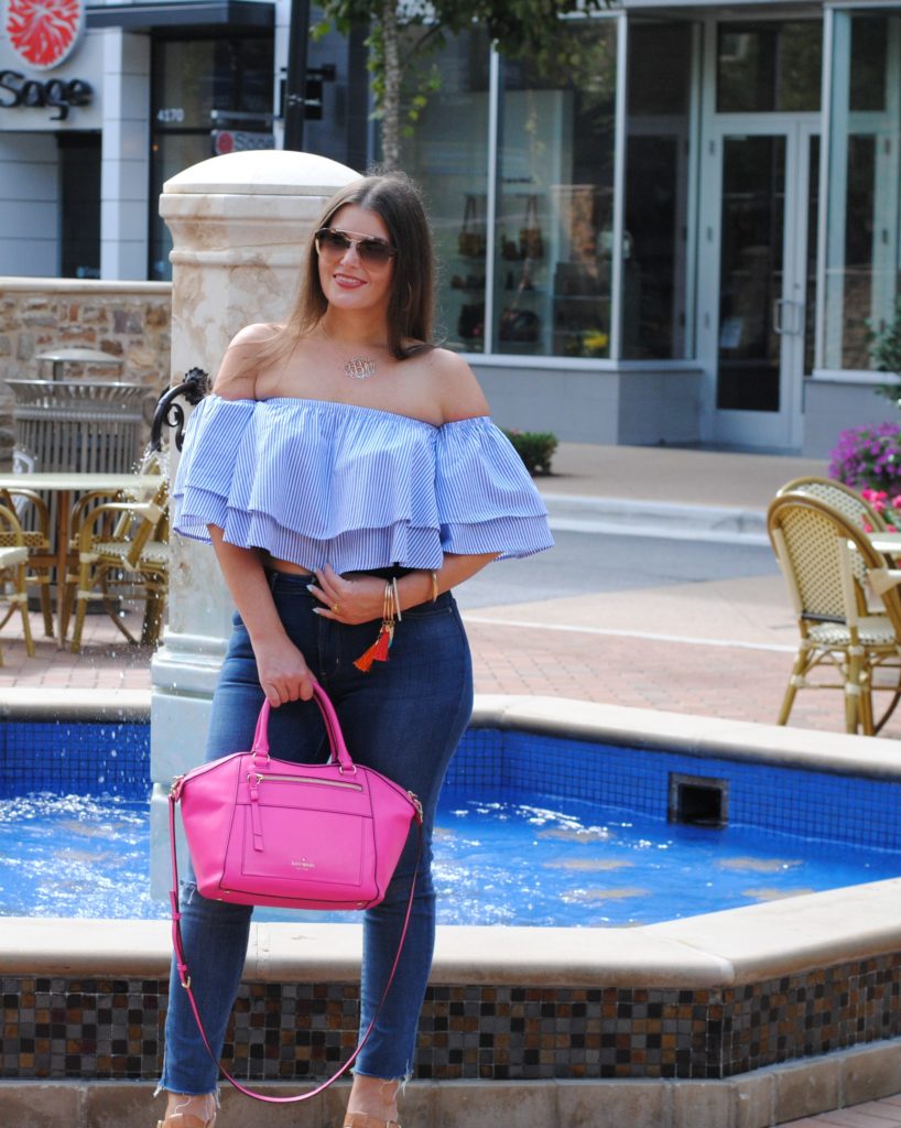 Ruffle off the shoulder top skinny jeans