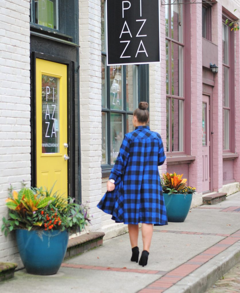 Black and Blue Buffalo Plaid Dress and black booties