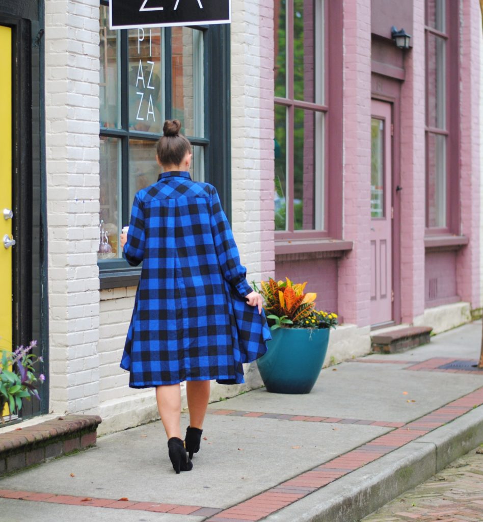 Blue and Black Buffalo Plaid Dress and black booties