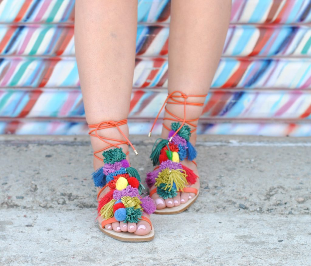 Black and White Stripe Skirt. Pom Pom Sandals, Leopard Clutch.