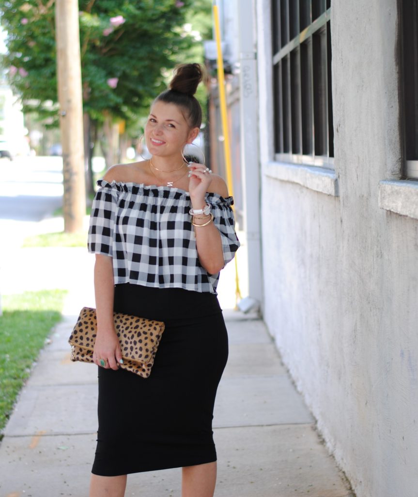 Gingham OTS Top with Black Midi Skirt