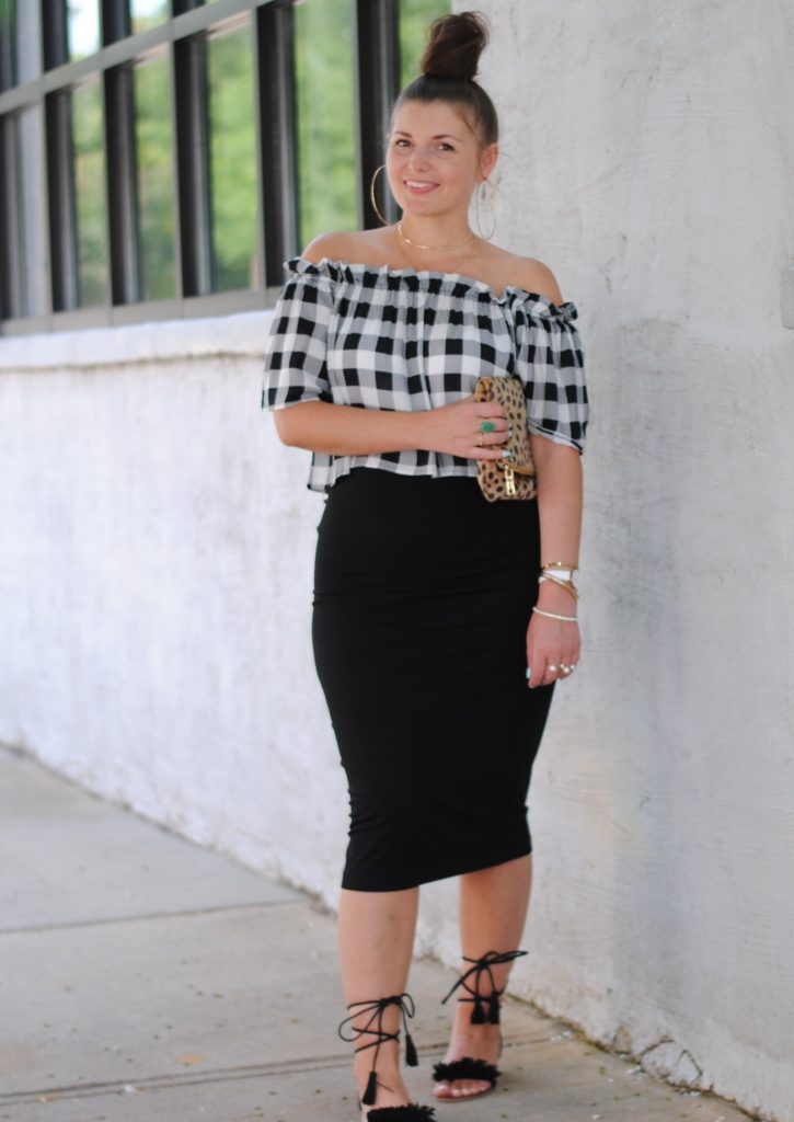 Gingham OTS Top with Black Midi Skirt