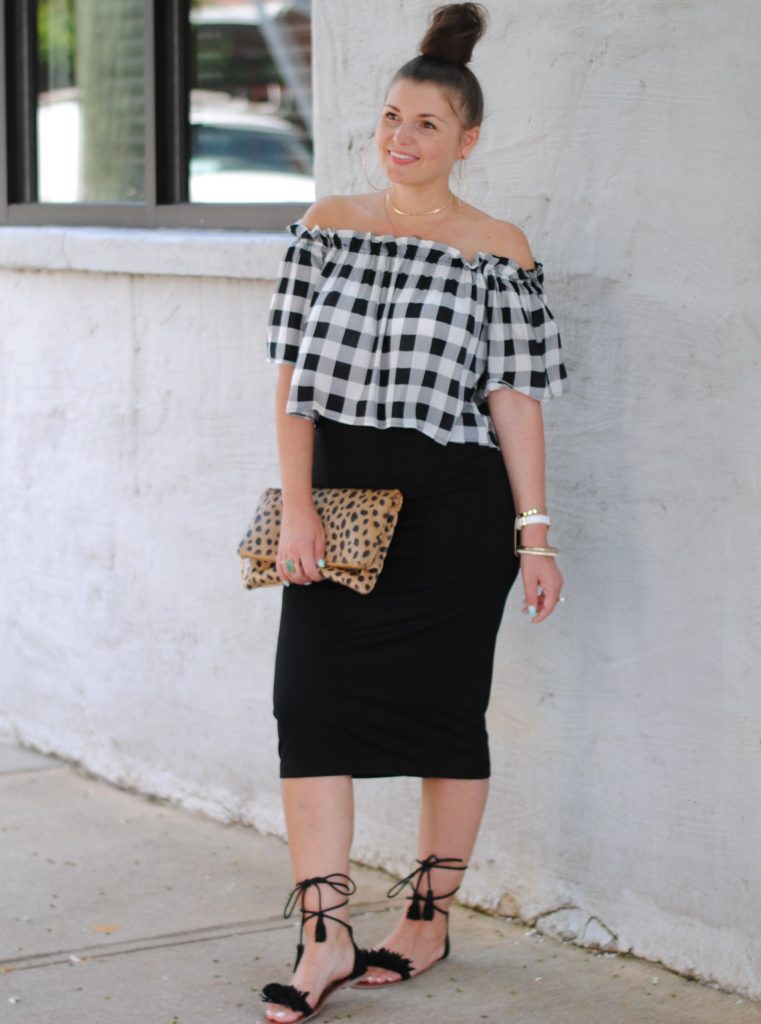 Gingham OTS Top with Black Midi Skirt