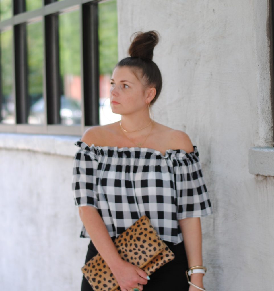 Gingham OTS Top with Black Midi Skirt