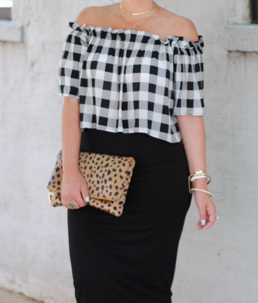 Gingham OTS Top with Black Midi Skirt