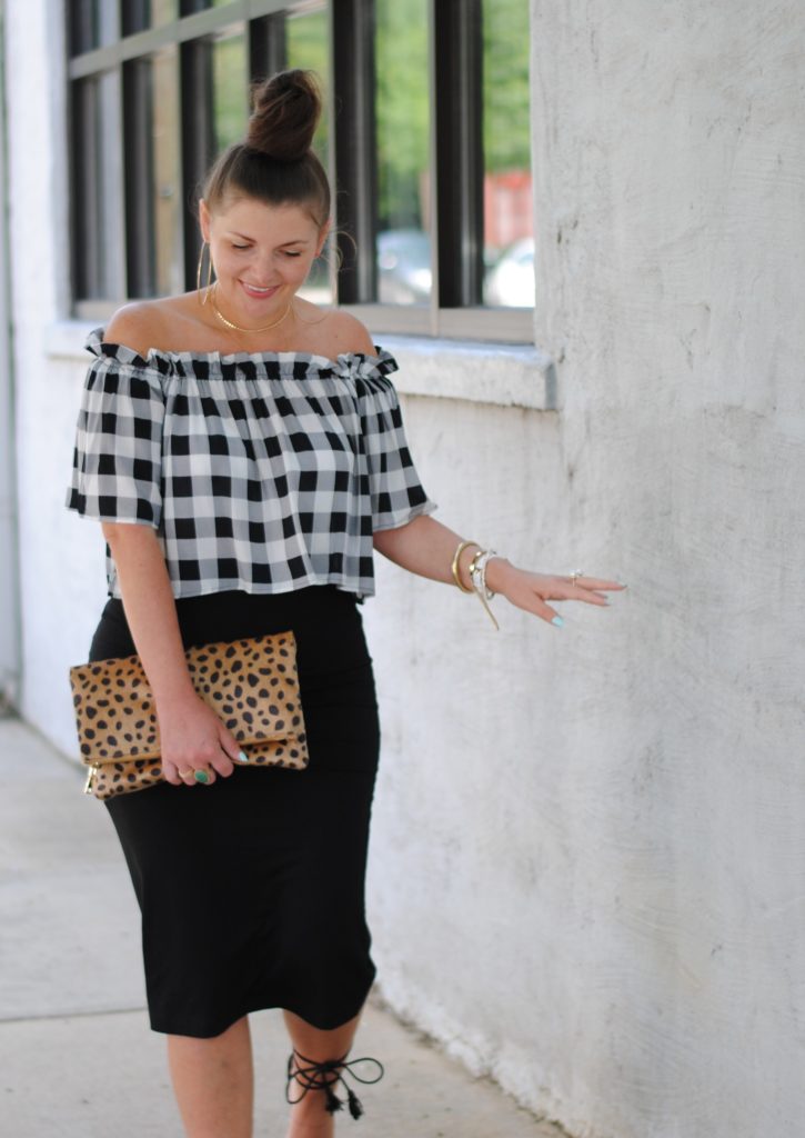 Gingham OTS Top with Black Midi Skirt