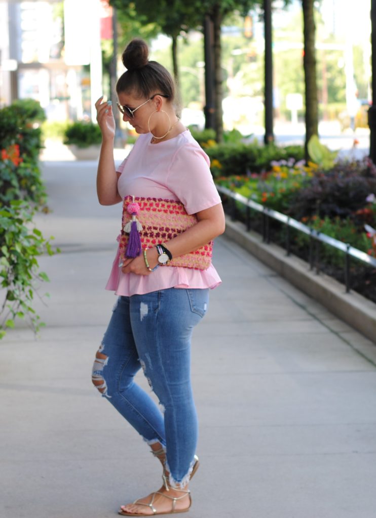 Pink Peplum T-Shirt and Distressed Denim