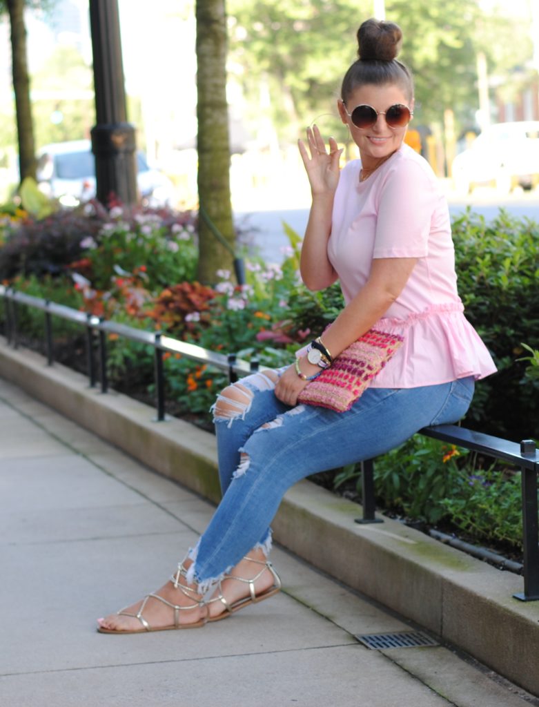 Pink Peplum T-Shirt and Distressed Denim