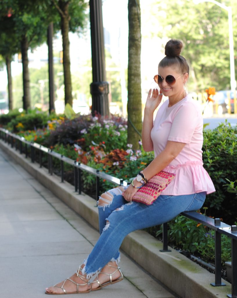 Pink Peplum T-Shirt and Distressed Denim