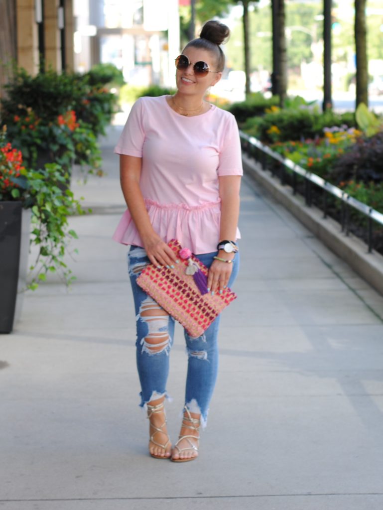 Pink Peplum T-Shirt and Distressed Denim