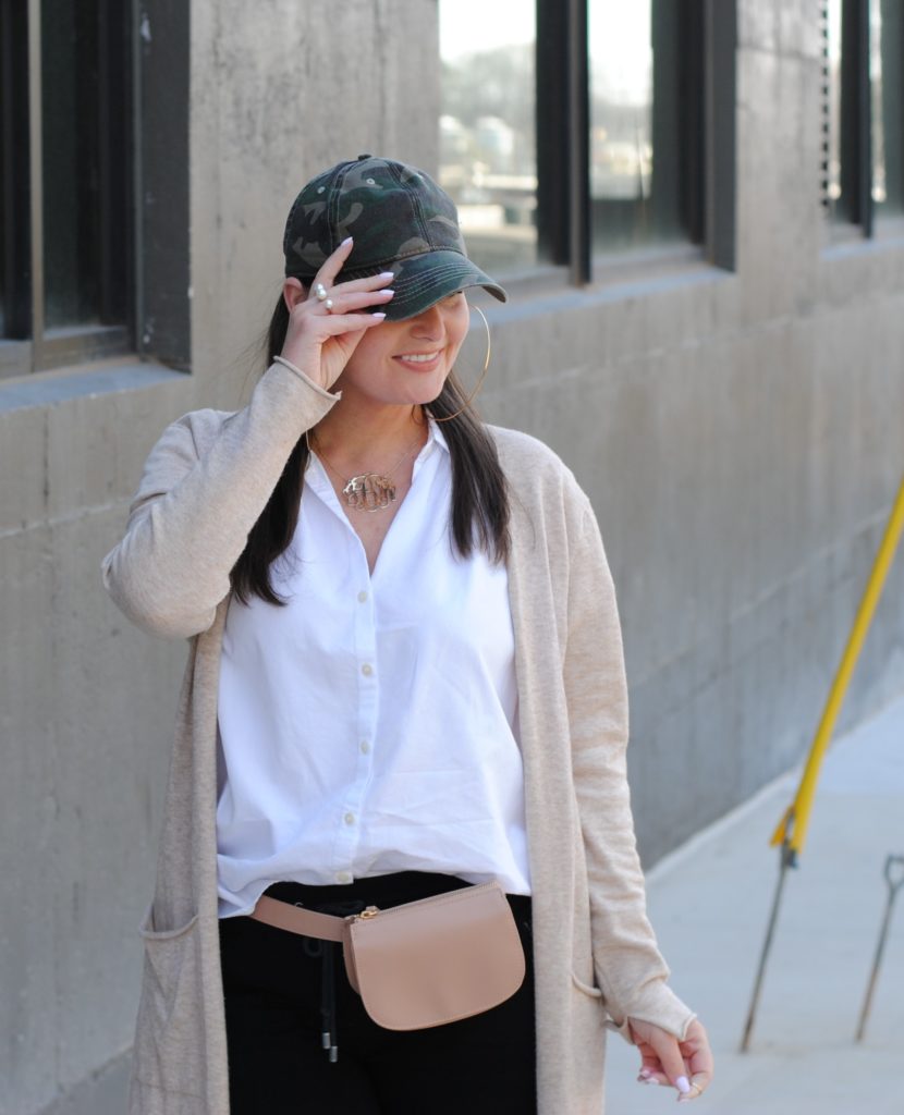 Casual Chic Spring Look. Long Cardigan, Joggers, Fanny Pack, Monogram Necklace. @julia.marie.b