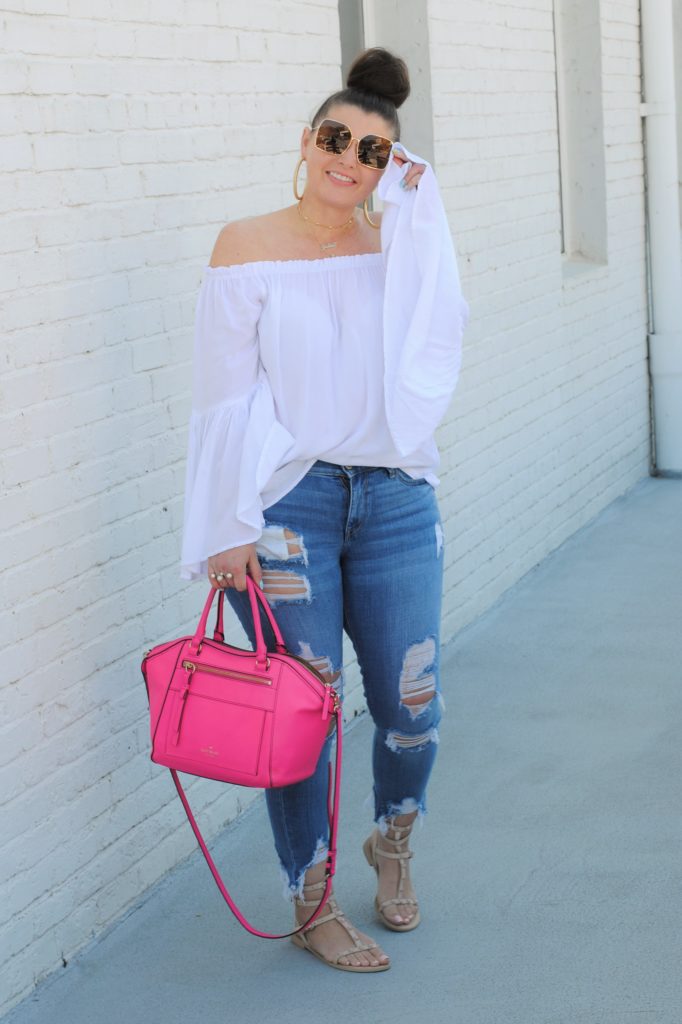 Summer Fashion: White OTS Top and Distressed Denim