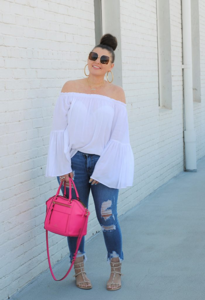 Summer Fashion: White OTS Top and Distressed Denim
