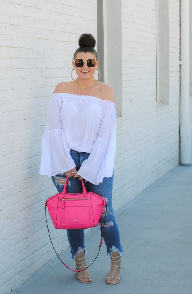 Summer Fashion: White OTS Top and Distressed Denim