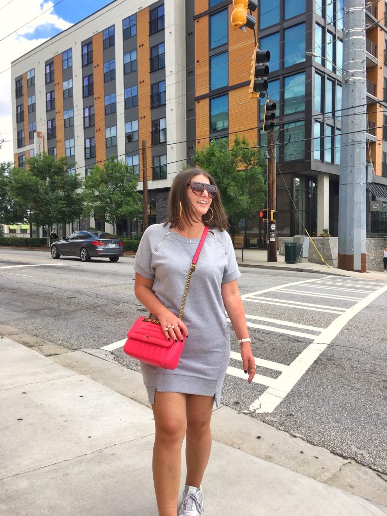 Grey Sweatshirt Dress + Metallic Reebok Classics @julia.marie.b