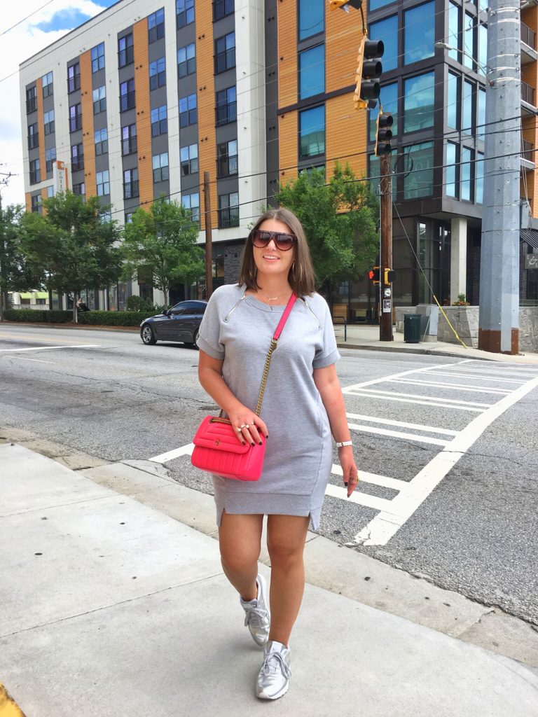 Grey Sweatshirt Dress + Metallic Reebok Classics @julia.marie.b