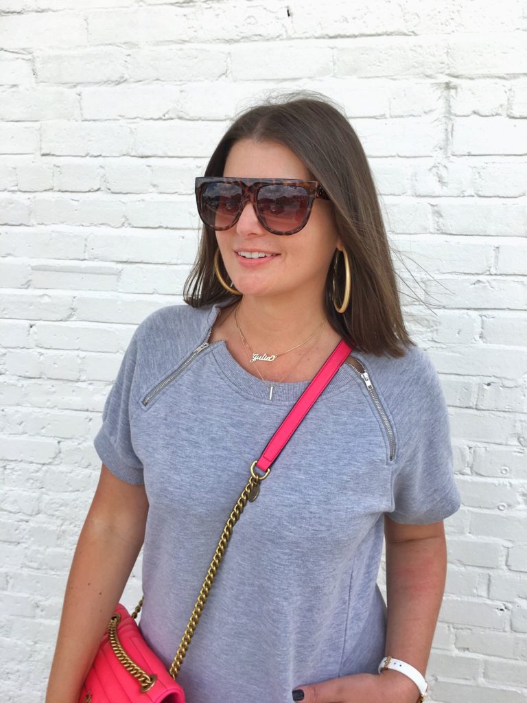 Grey Sweatshirt Dress + Metallic Reebok Classics @julia.marie.b