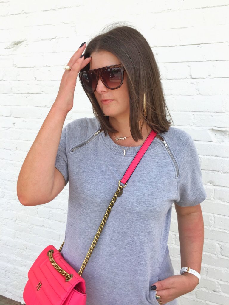 Grey Sweatshirt Dress + Metallic Reebok Classics @julia.marie.b