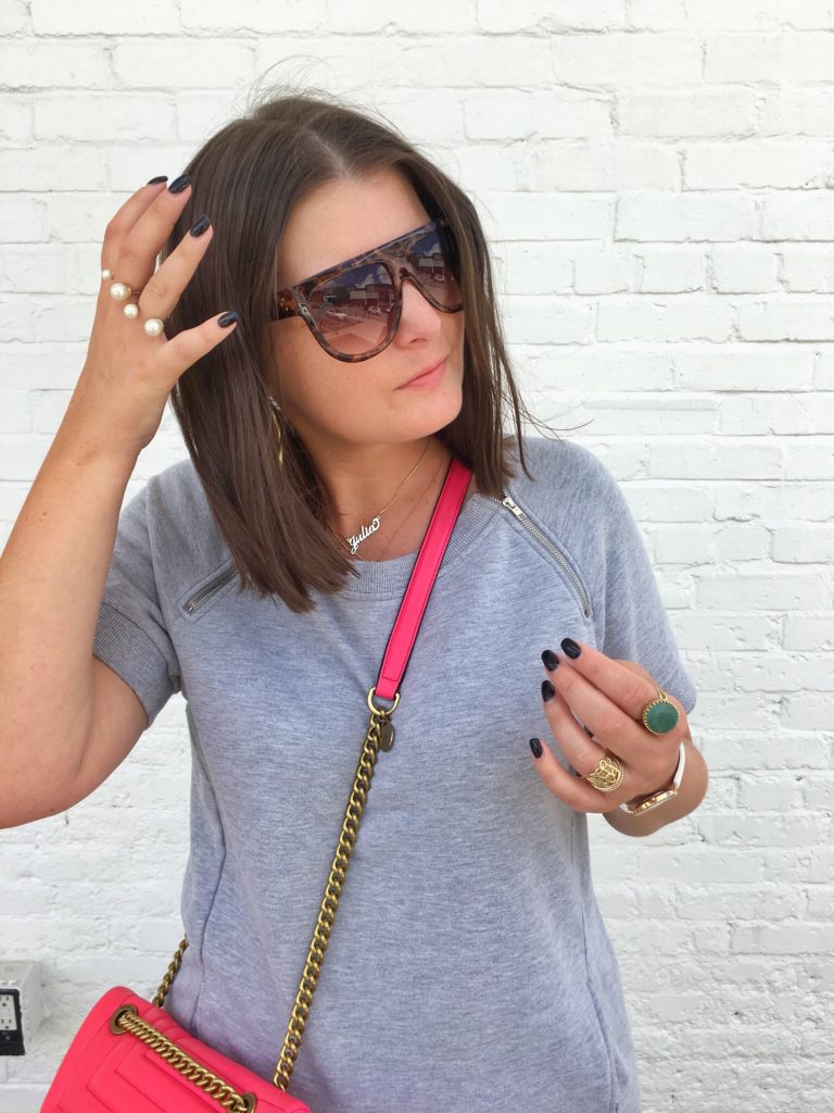 Grey Sweatshirt Dress + Metallic Reebok Classics @julia.marie.b