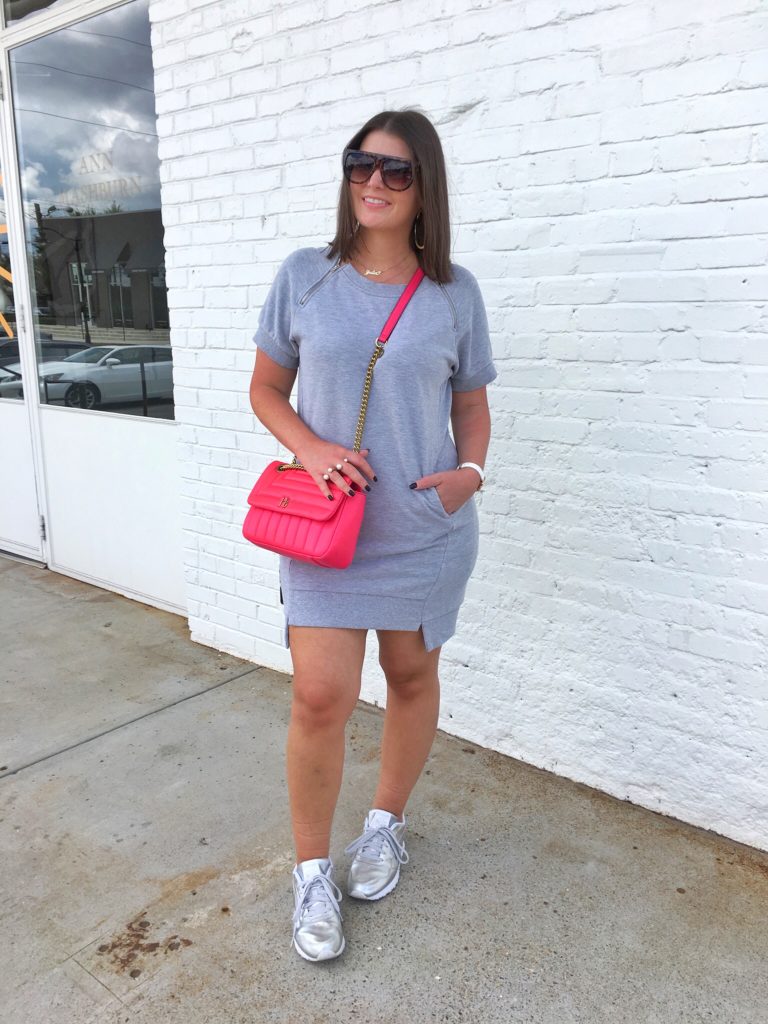 Grey Sweatshirt Dress + Metallic Reebok Classics @julia.marie.b