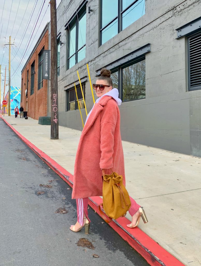 STREET STYLE: ADIDAS ORIGINALS TRACK PANTS and TEDDY BEAR COAT @julia.marie.b