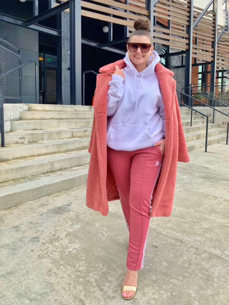 STREET STYLE: ADIDAS ORIGINALS TRACK PANTS and TEDDY BEAR COAT @julia.marie.b