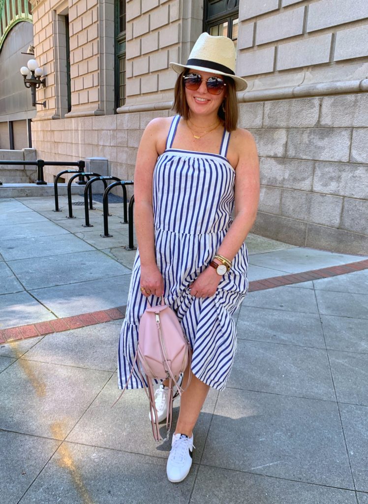 SUMMER CASUAL OUTFIT: HOW TO MAKE A TIERED DRESS STREET STYLE. MORE DETAILS HERE: http://www.juliamarieb.com/2019/06/04/summer-outfit-stripe-tier-dress/   @julia.marie.b