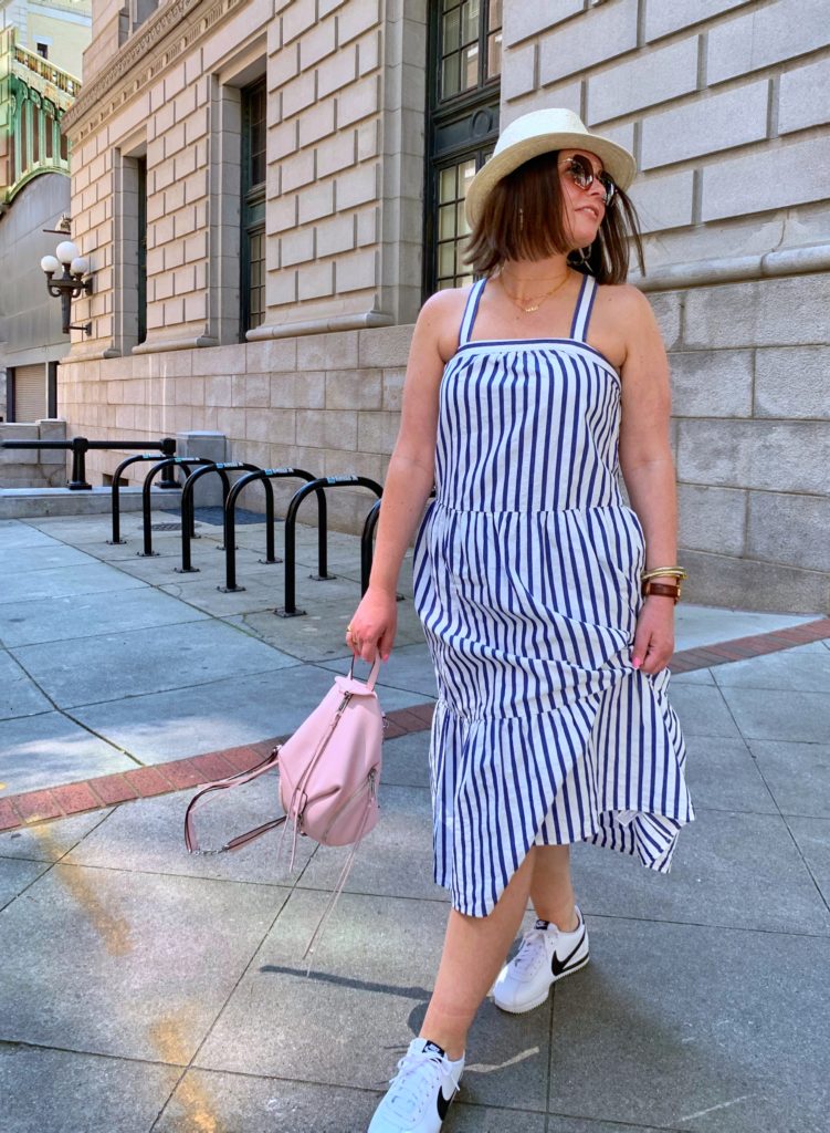 SUMMER CASUAL OUTFIT: HOW TO MAKE A TIERED DRESS STREET STYLE. MORE DETAILS HERE: http://www.juliamarieb.com/2019/06/04/summer-outfit-stripe-tier-dress/   @julia.marie.b