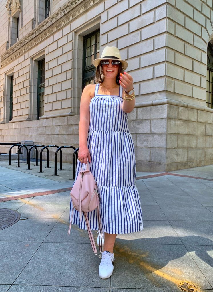 SUMMER CASUAL OUTFIT: HOW TO MAKE A TIERED DRESS STREET STYLE. MORE DETAILS HERE: http://www.juliamarieb.com/2019/06/04/summer-outfit-stripe-tier-dress/   @julia.marie.b