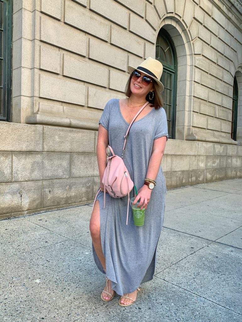 SUMMER OUTFIT: SPLIT MAXI DRESS $25 ON AMAZON FASHION. SHOP IT HERE: http://www.juliamarieb.com/2019/06/18/summer-outfit:-gray-dress-+-straw-hat/ @julia.marie.b