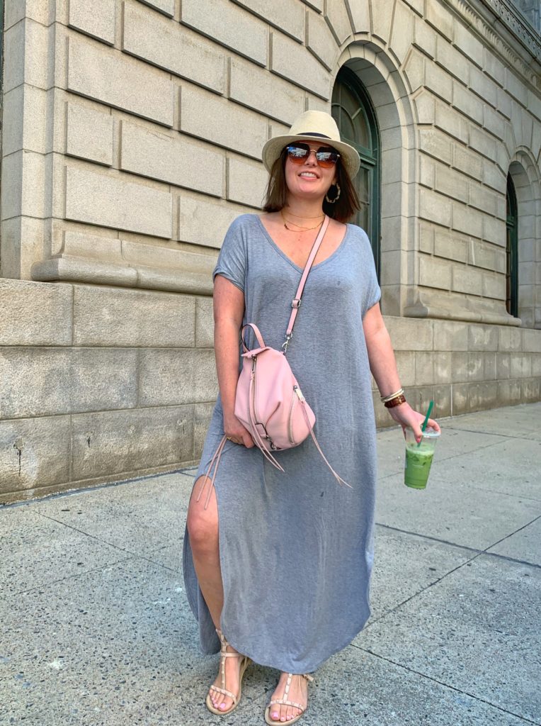 SUMMER OUTFIT: SPLIT MAXI DRESS $25 ON AMAZON FASHION. SHOP IT HERE: http://www.juliamarieb.com/2019/06/18/summer-outfit:-gray-dress-+-straw-hat/ @julia.marie.b