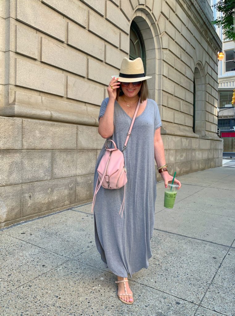 SUMMER OUTFIT: SPLIT MAXI DRESS $25 ON AMAZON FASHION. SHOP IT HERE: http://www.juliamarieb.com/2019/06/18/summer-outfit:-gray-dress-+-straw-hat/ @julia.marie.b