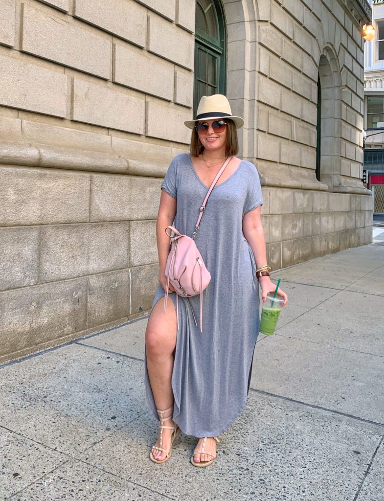 SUMMER OUTFIT: SPLIT MAXI DRESS $25 ON AMAZON FASHION. SHOP IT HERE: http://www.juliamarieb.com/2019/06/18/summer-outfit:-gray-dress-+-straw-hat/ @julia.marie.b