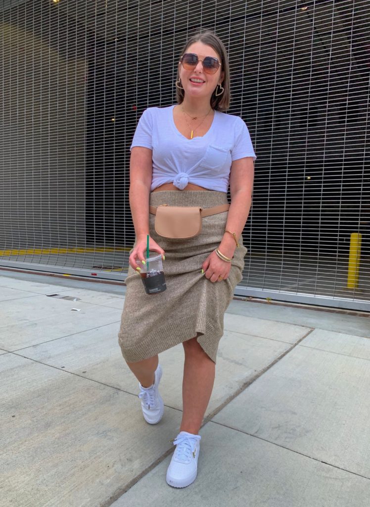 CHIC STREET STYLE OUTFIT: H&M SWEATER SKIRT, CALI PUMA SNEAKERS, BELT BAG. DETAILS HERE: http://www.juliamarieb.com/2019/09/03/fall-outfit:-knit-sweater-midi-skirt-and-cali-puma-sneakers/ @julia.marie.b