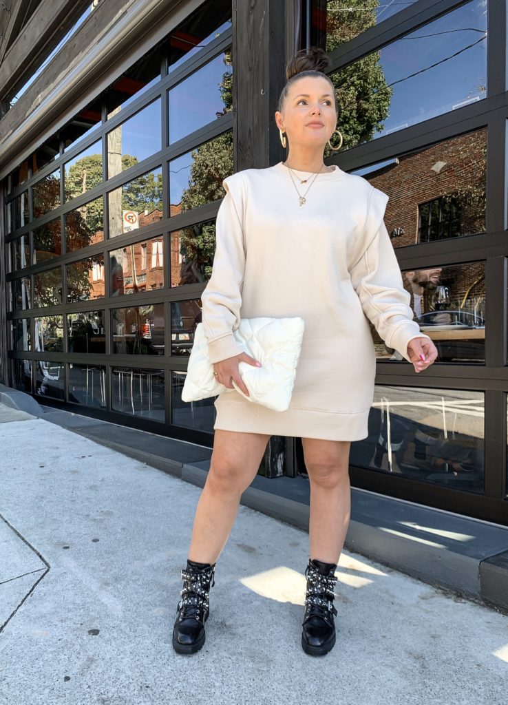 FALL DRESS OUTFIT: BALMAIN INSPIRED DRESS FOR $50: http://www.juliamarieb.com/2019/11/12/balmain-inspired-sweatshirt-dress-(-under-$50-)/ @julia.marie.b