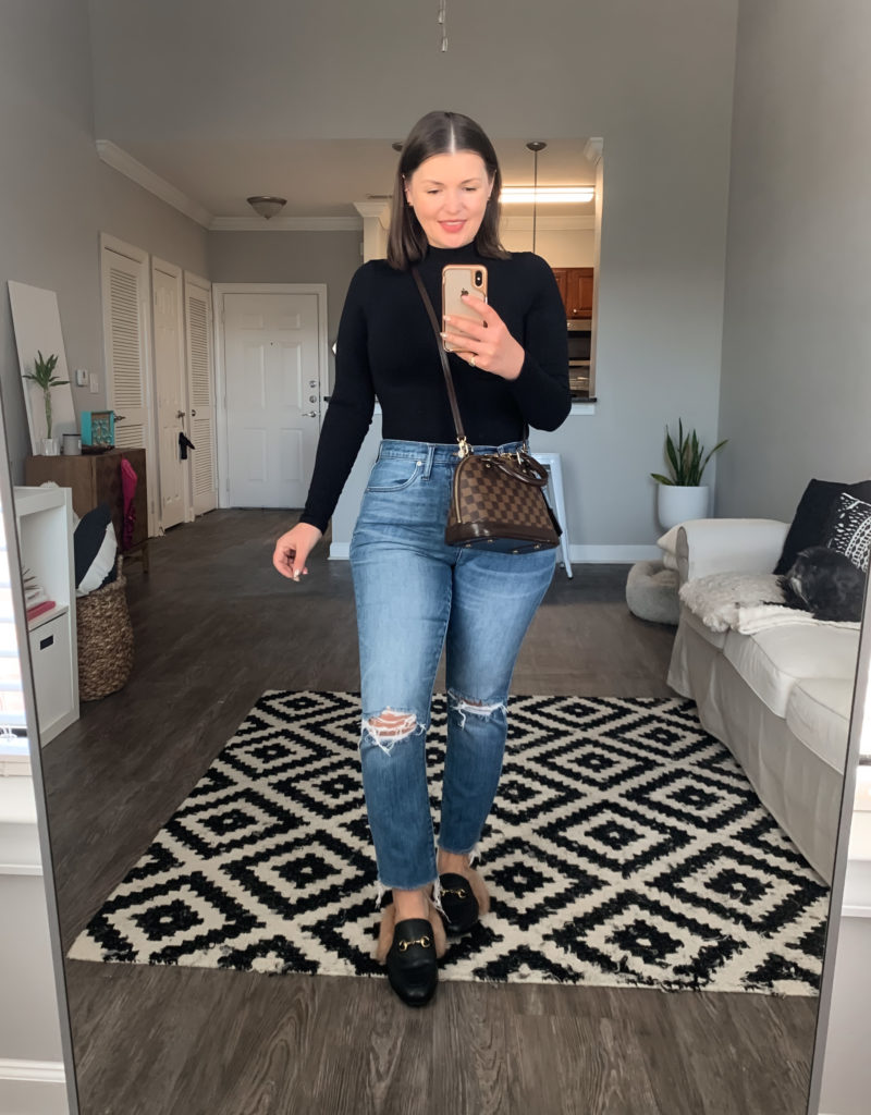 ALL BLACK WINTER OUTFIT: MOCK TURTLENECK + THE BEST BLACK JEANS FROM  MADEWELL • Julia Marie B