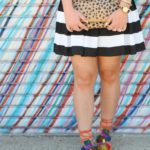 Black and White Stripe Skirt. Pom Pom Sandals, Leopard Clutch.