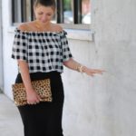 Gingham OTS Top with Black Midi Skirt